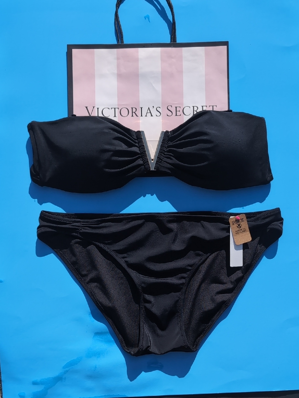 Victoria's Secret Black Bandeau Bikini Set - Strapless Swim Top & Bottom Size L